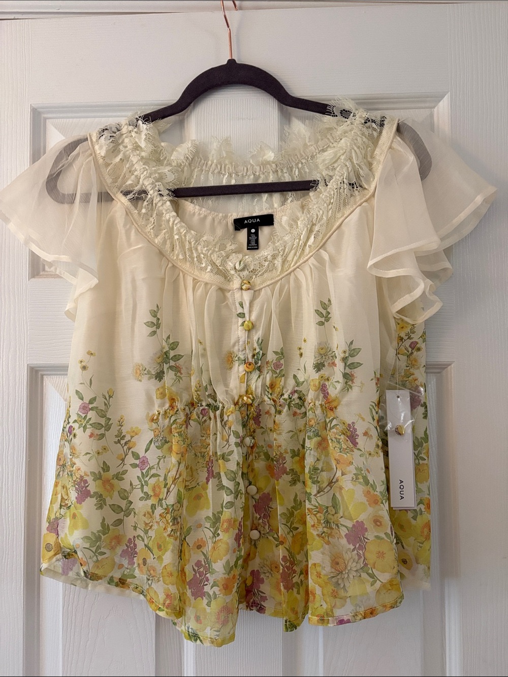 Aqua Cream Floral Sheer Ruffle Sleeve Blouse